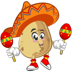 Vector mascot, cartoon and illustration of a potato wearing sombrero with playing maracas