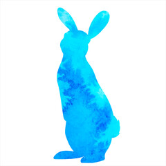 hare, rabbit blue watercolor silhouette on white background, isolated