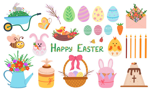 Easter set, rabbit, eggs, basket, flowers and cake. Vector Illustration for backgrounds, covers, packaging, greeting cards, posters, sticker, textile and seasonal design. Isolated on white background.
