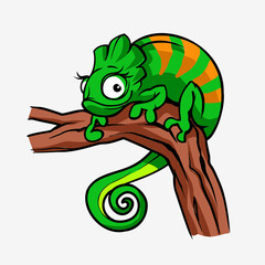 Cute cartoon character green chameleon lizard animal.Reptile in wildlife isolated in warm background. Vector illustration