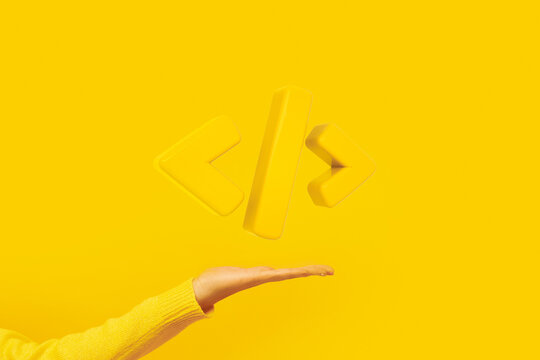 Programming 3d render code icon.  Programming code symbol in hand. Coding or Hacker background. Development and software concept.