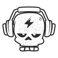 Trendy black and white hipster zombie skull wearing headphones. Design for tattoo, sticker, icon, badge