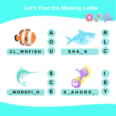 Find the missing letter worksheet. Preschool worksheet with sea animals’ theme. Educational spelling printable game worksheet. Vector illustration.