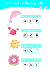 Find the missing letter worksheet. Preschool worksheet with sea animals’ theme. Educational spelling printable game worksheet. Vector illustration.