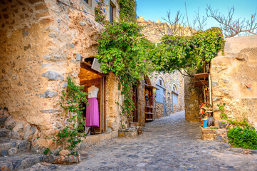 Beautiful street old medieval castle town of Monemvasia in Lakonia at sunrise, Peloponnese, Greece. "Greek Gibraltar"