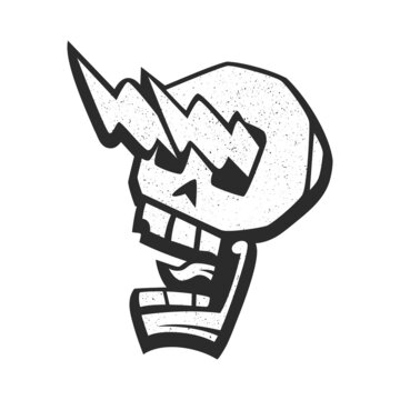 Silhouette of crazy skull with glowing eyes in form of lightning. Skull rocker screaming, horrified, scared