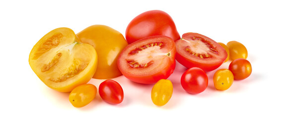 Fresh juicy tomatoes, isolated on white background.