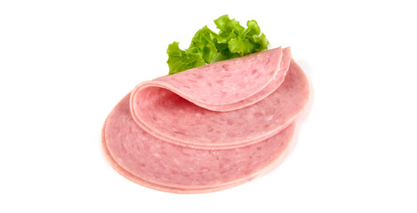 Twisted salami slices, isolated on white background.