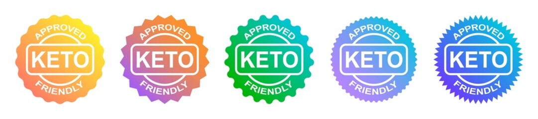Set of keto stamps. Love keto. Ketogenic diet. Plant based vegan food product label. Gradient logo or icon. Sticker. Vegetarian.Keto approved friendly.