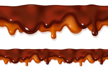 Melted caramel and chocolate sauce drip. Repeatable sweet food pattern vector illustration. Seamless drops of liquid toffee with cacao sauce isolated on white background.