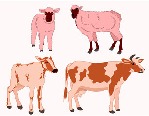 beautiful pattern with pets cows and sheep on a light green background for the decoration of fabrics and paper