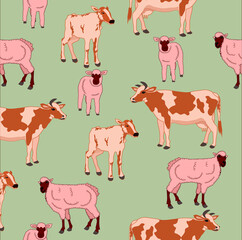 beautiful pattern with pets cows and sheep on a light green background for the decoration of fabrics and paper