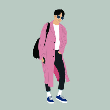 Vector illustration of Kpop street fashion. Street idols of Koreans. Kpop male idol fashion. A guy in blue jeans and a pink raincoat.