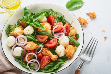 Panzanella Bread Salad. Traditional food of Italy with tomatoes, mozzarella balls, basil, onion and bread on light grey background. Traditional Italian cooking. Top view. Copy space.