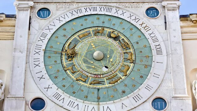 Close-up on the clock tower in the Piazza dei Signori in Padua, Italy