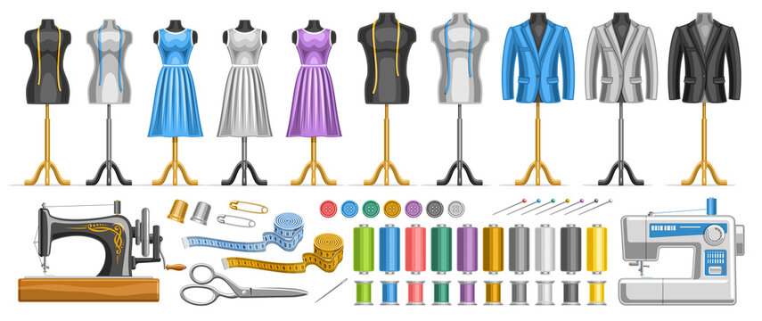 Vector Sewing Set, lot collection of various cut out illustrations of elegant clothes on stand dummies, horizontal banner with sewing handicraft tools and different sewing machine on white background