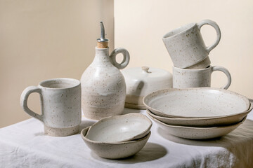 Fototapeta na wymiar Set of empty craft ceramic speckled bowls
