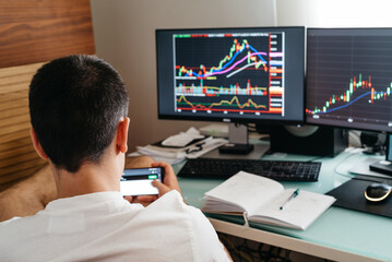 Fototapeta na wymiar Successful young trader in casual wear working with charts and market reports at home