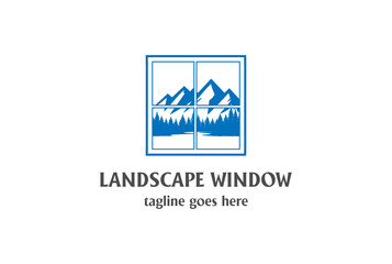 Window Mountain Pine Evergreen Spruce Cedar Conifer Larch Fir Trees Forest with River Creek Lake Logo Design Vector