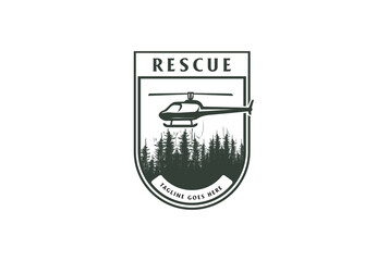 Vintage Helicopter with Pine Evergreen Larch Cedar Conifer Fir Trees Forest for Military Rescue Logo Design Vector