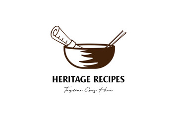 Retro Vintage Bowl with Recipe Paper and Chopsticks for Asian Japanese Korean Chinese Oriental Food Restaurant Logo Design Vector