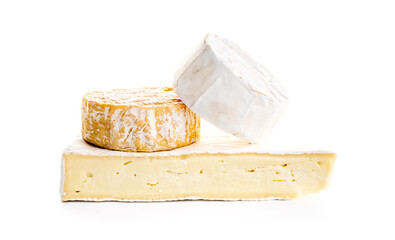 Piece of camembert cheese on white