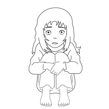 Black and white image. Frightened, depressed, sad girl looks lonely. Vector illustration of a helpless, frightened child. Anxiety and fear. White background, vector