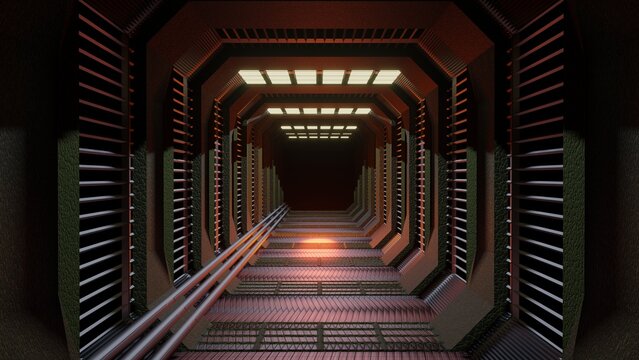Futuristic tunnel with dark in the end. Long corridor. 3D illustration