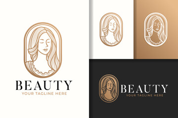 Feminine beauty woman gold line art logo and icon template