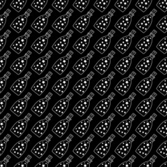 White outline magic bottle seamless pattern on black background. Vector mystical art with boho symbols.