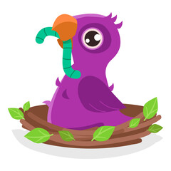 Cute little chicken is sitting in a nest with green leaves and eating a worm. Vector graphic.