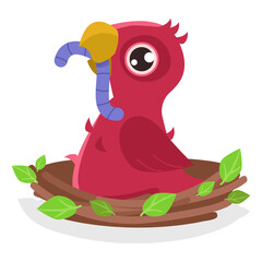 Cute little chicken is sitting in a nest with green leaves and eating a worm. Vector graphic.