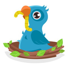 Cute little chicken is sitting in a nest with green leaves and eating a worm. Vector graphic.