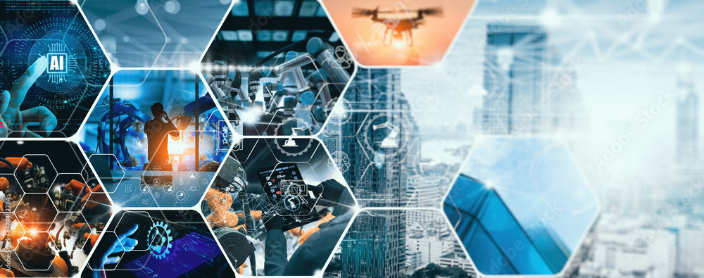 Fototapete Global industry concept.Manager Ai Technical Industrial Engineer working and control robotics with monitoring system Automation robot arm software and icon industry network connection on tablet.