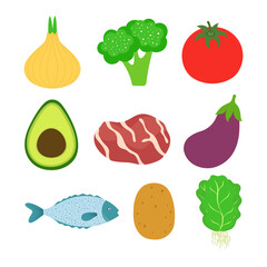 set of healthy vegetables, meat and fish
