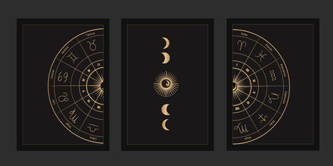 a set of mystical templates for tarot cards, banners, leaflets, posters, brochures, stickers. Hand-drawn.. The silhouette of the zodiac map, stars, moon and sun phases. vector - obrazy, fototapety, plakaty