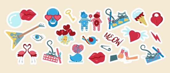 Love elements stickers set. Cute sticky labels decorated