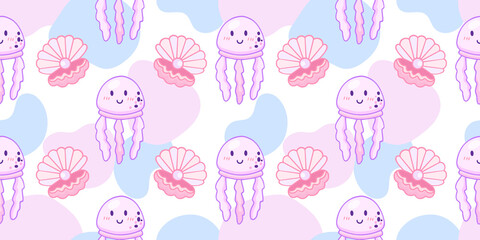 Vector illustration with marine flora and fauna. Seamless pattern with jellyfish and pearl shell