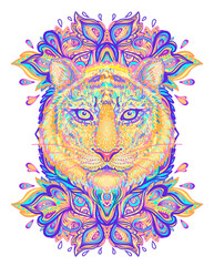 Patterned ornate tiger head. African, Indian, totem, tattoo, sticker design. Design of t-shirt, bag, postcard and posters. Vector isolated illustration in bright neon colors.