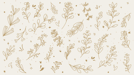 Fototapeta premium Vector set of hand drawn minimalist botanical elements, natural logotype for spa and beauty salon, boutique. Elegant plant, organic label minimal style, rustic wedding card.