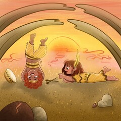 Character design. Tribal girls at sunset