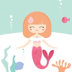 illustration of a mermaid in the ocean with red hair in a cartoon style, marine theme