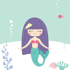 illustration of a mermaid in the sea in cartoon style on a nautical background