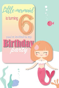 children's invitation for a girl to a birthday party in a nautical style with a mermaid for 6 years