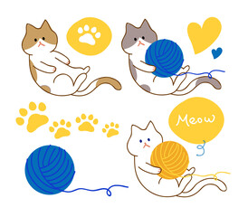 Cats and paws in different colors, hand-painted cute cats are play with yellow and blue yarn balls