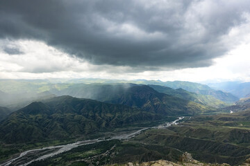 Naklejka premium Beautiful breathtaking view of the mountains during a thunderstorm in Dagestan, Caucasus Russia