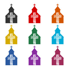 Church and cross icon or logo, color set