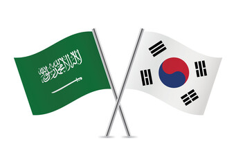 Saudi Arabia and South Korea crossed flags. Saudi Arabian and South Korean flags, isolated on white background. Vector icon set. Vector illustration.