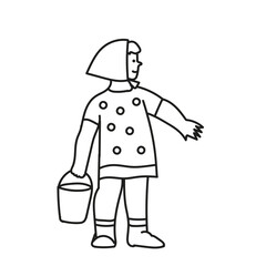 Black outline hand drawing vector illustration of a girl with a bucket in a summer garden isolated on a white background