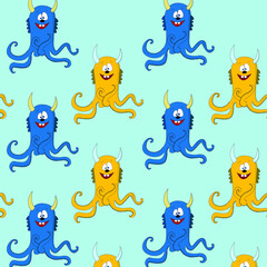 Childish  pattern with cute monsters on blue background. Vector texture for children clothes, fabrics, textiles